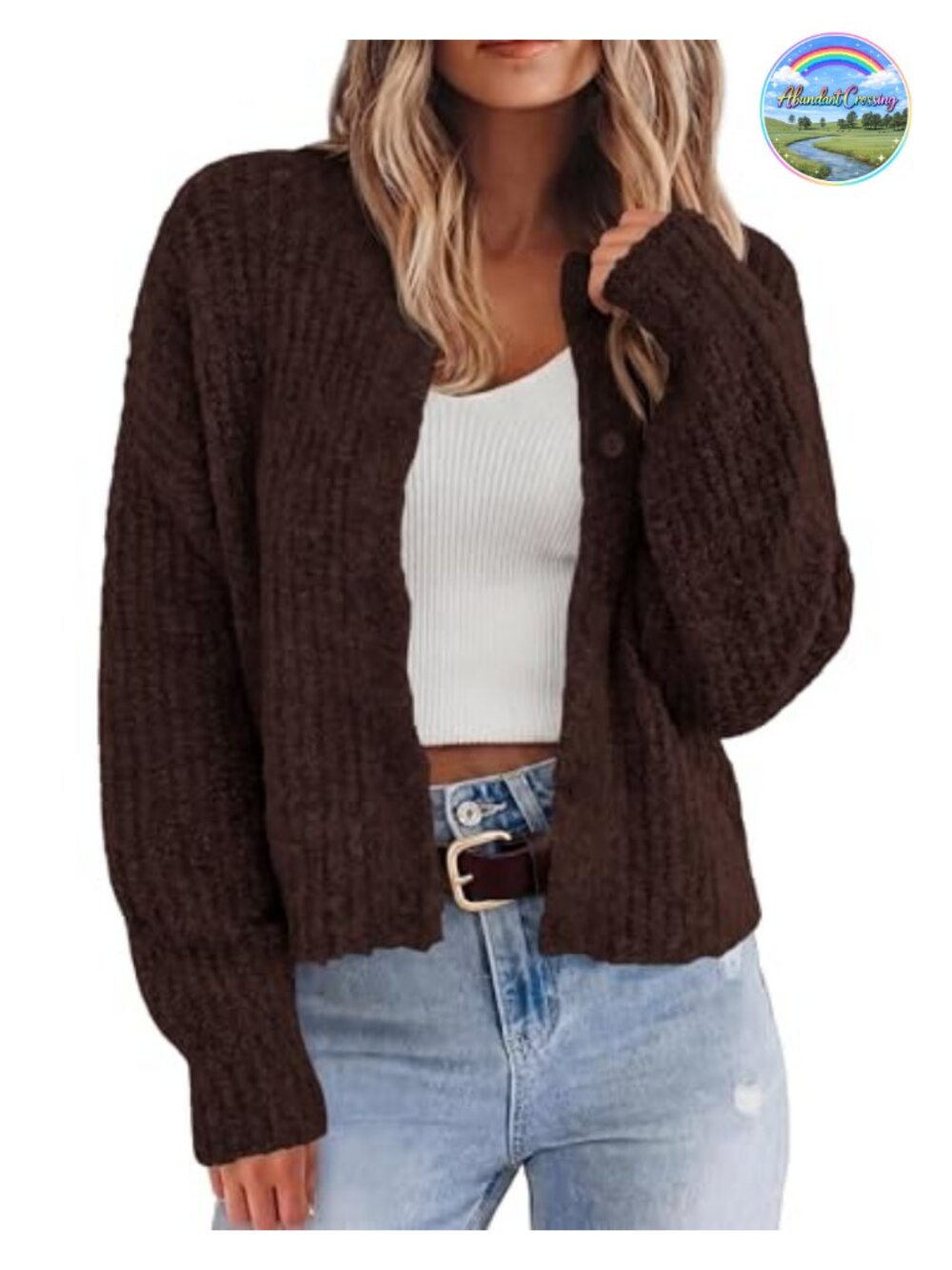 Chunky Knit Cropped Cardigan Women Button Down Long Sleeve Relaxed Fit